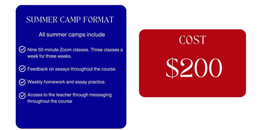 Summer Camp Format All summer camps include Nine 50-minute Zoom classes. Three classes a week for three weeks. Feedback on essays throughout the course. Weekly homework and essay practice. Access to the teacher through messaging throughout the course Cost $200